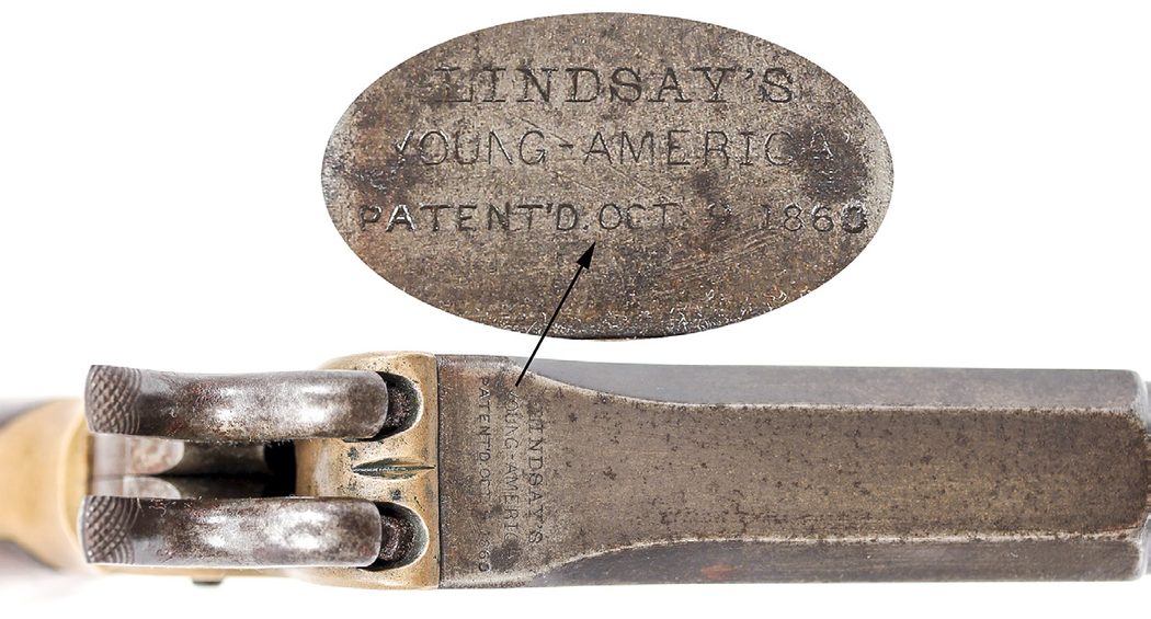 Breech of a Lindsay “Young America” .45 caliber pistol showing the markings.