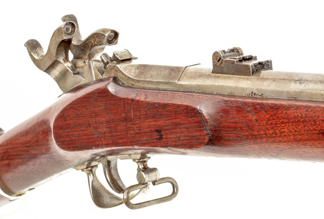 Close up of the action of a Lindsay “Double Musket”, showing the dual hammer, single trigger mechanism.