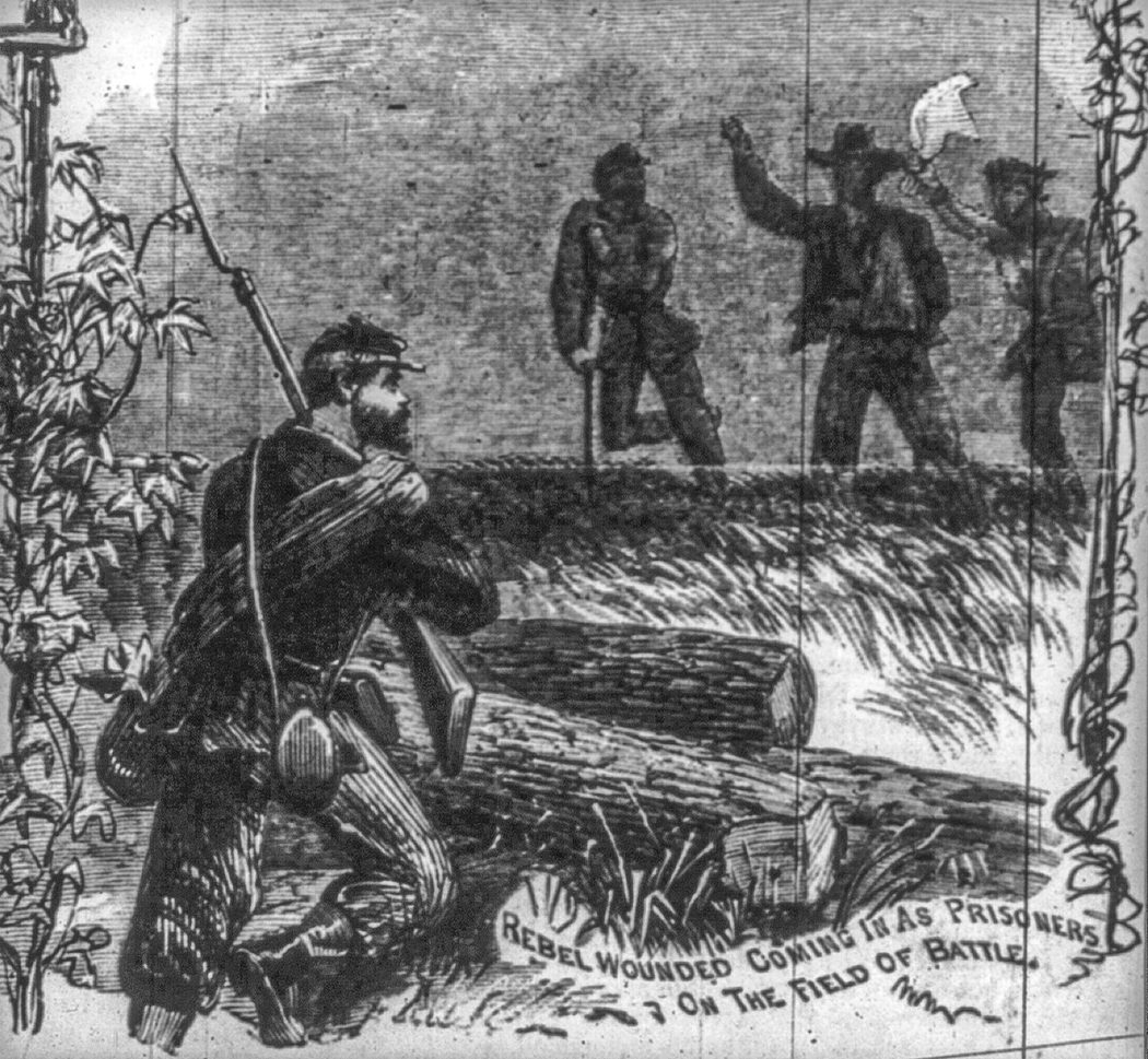 Reminiscences of the Maryland campaign—Rebel wounded coming in as prisoners on the field of battle. Both images courtesy Library of Congress.