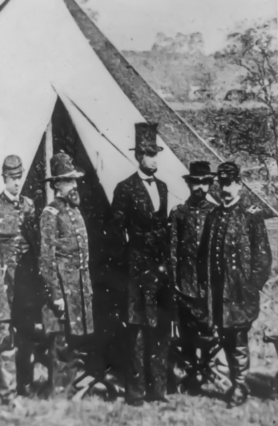 President Lincoln posed with Union officers and soldiers during his visit to Antietam, Oct. 3, 1862.