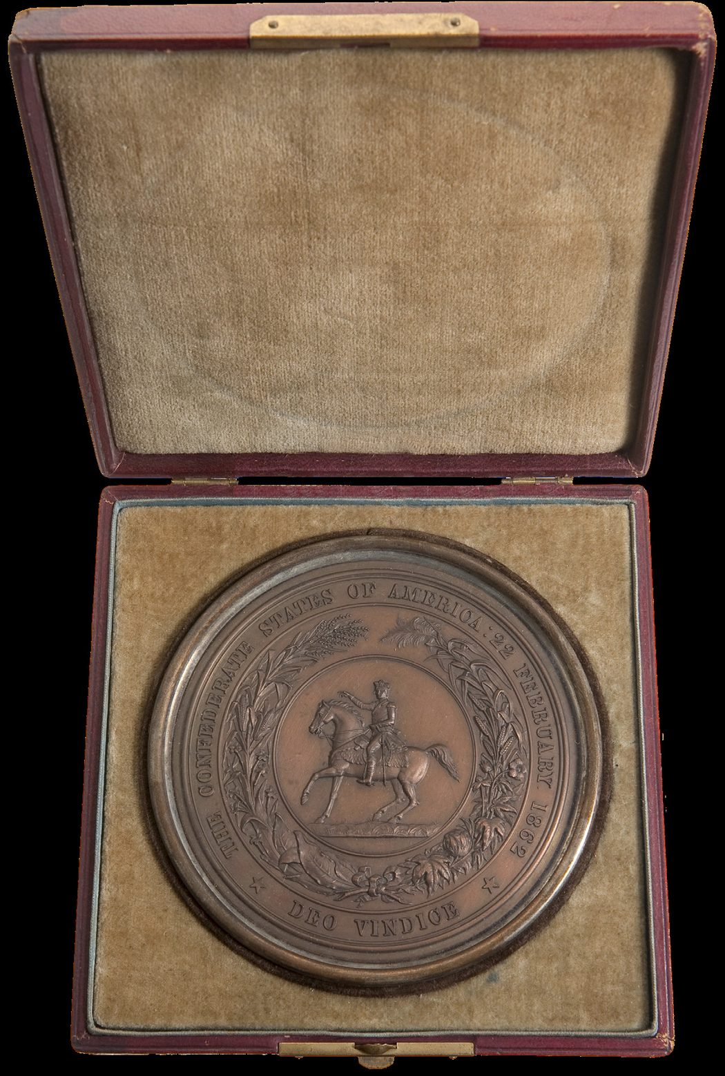Great Seal of the Confederacy in brass. Inscription: * THE CONFEDERATE STATES OF AMERICA: 22 FEBRUARY * DEO VINDICE. (Library of Congress)