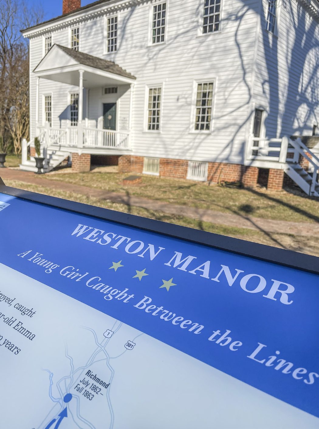 The new Civil War Trails sign at Weston Manor tells the story of a family caught between the lines, as told through their twelve-year-old daughter. Courtesy, Civil War Trails, Inc.