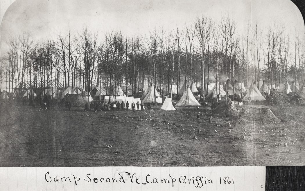 The original regiments of the Vermont Brigade were organized in 1861. Shown here are two camp views of the 2nd Vermont early in the war. (Library of Congress)