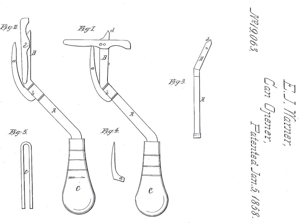 E.J. Warner’s patent for the Can Opener, Jan. 5, 1858.