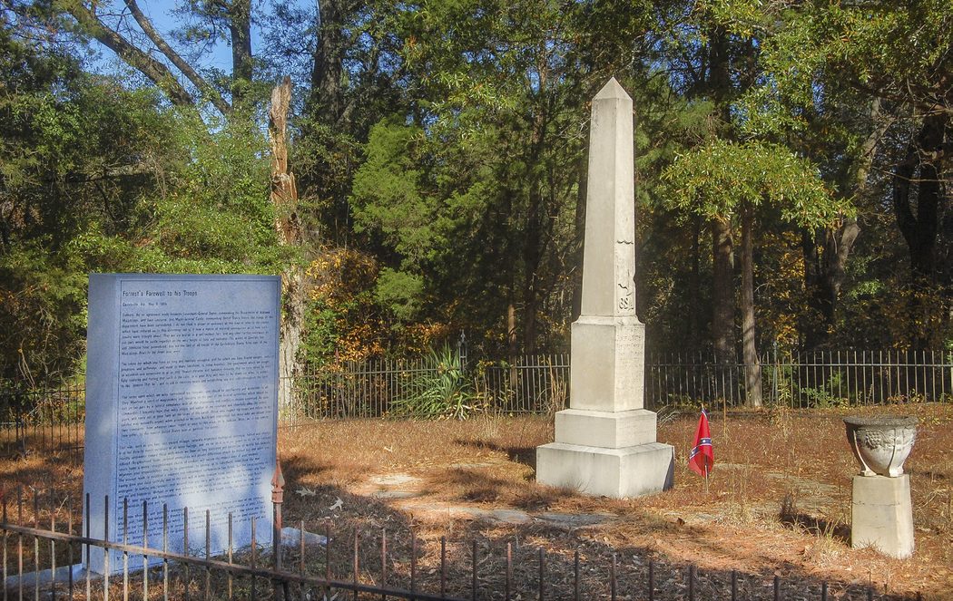 Monument in Gainesville, Ala., site of Forrest’s surrender. The obelisk was built in 1923; the stone inscribed with Forrest’s farewell address was added in 2011. (Courtesy of the Alabama Department of Archives and History.)