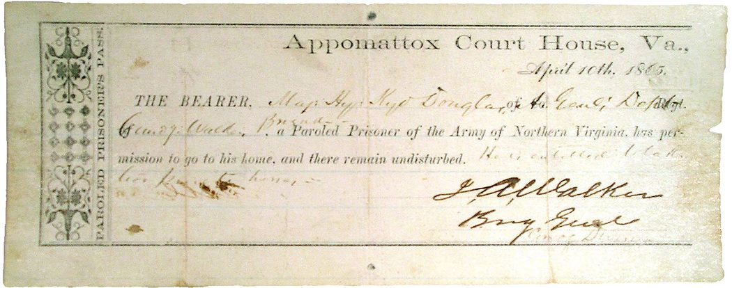 Douglas parole signed at the end of the war on April 10, 1865. (Antietam National Battlefield)