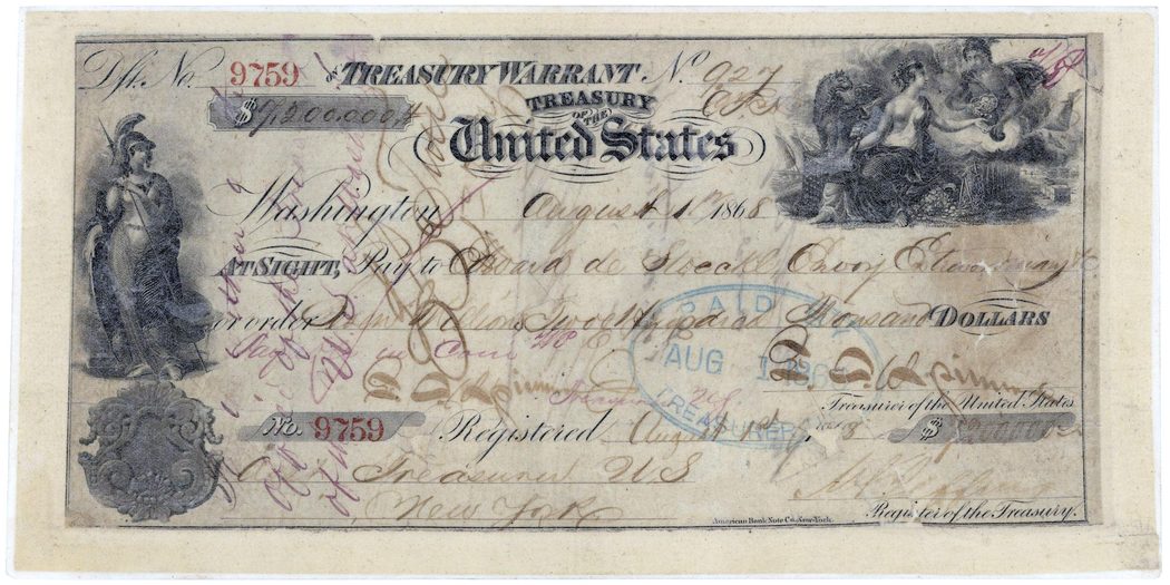 Canceled check for $7.2 million, for the purchase of Alaska, issued August 1, 1868. (Records of the Accounting Officers of the Department of the Treasury; Record Group 217; National Archives. The Russian exchange copy of the Treaty of Cession, March 30, 1867, Record Group 11; National Archives.)