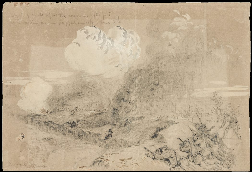 In this sketch Alfred R. Waud depicts the “Effects of shells upon the enemy rifle pits at the crossing over the Rappahannock – June 5” [1863]. (Library of Congress)