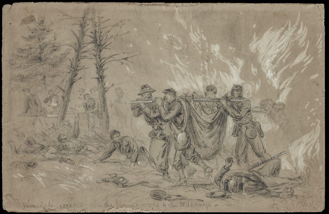 Also hampering the retrieval of the wounded were the fires that broke out on the battlefield as shown in this sketch by Alfred Waud. (Library of Congress)