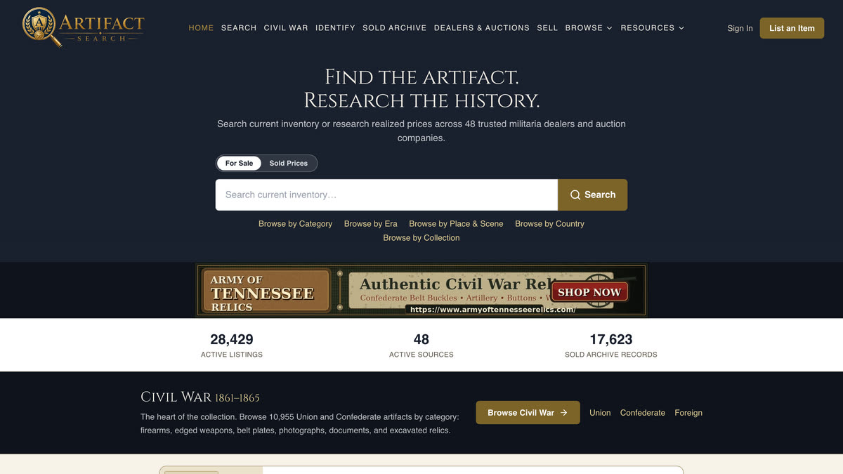 ArtifactSearch.com home page — military antiques and militaria search website