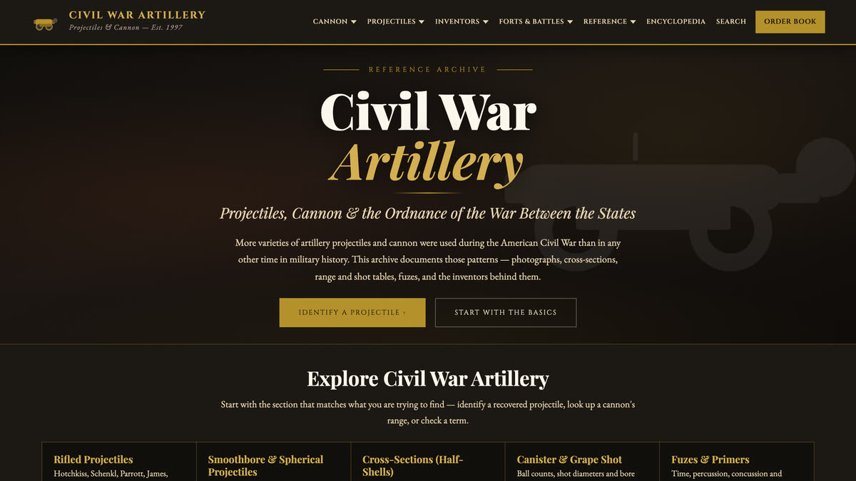 CivilWarArtillery.com home page — Civil War artillery projectile and cannon reference website
