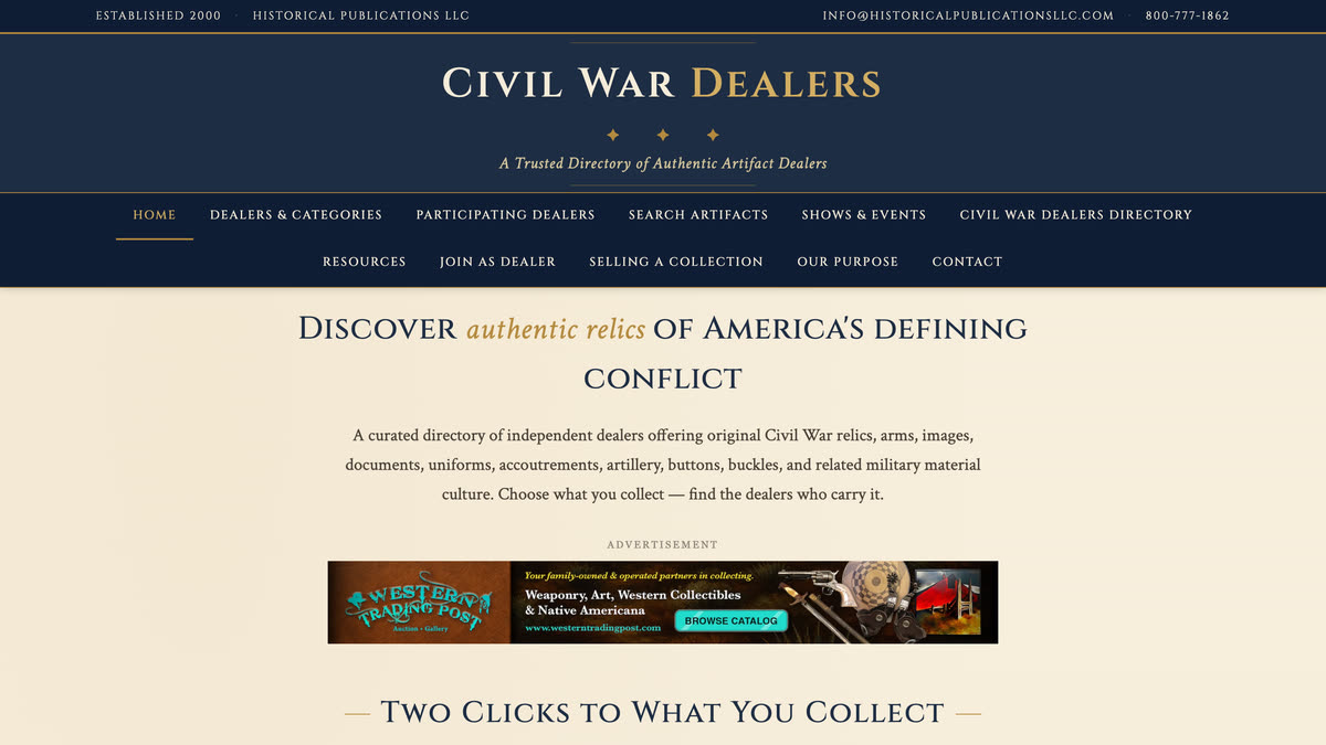 CivilWarDealers.com home page — directory of trusted Civil War artifact dealers