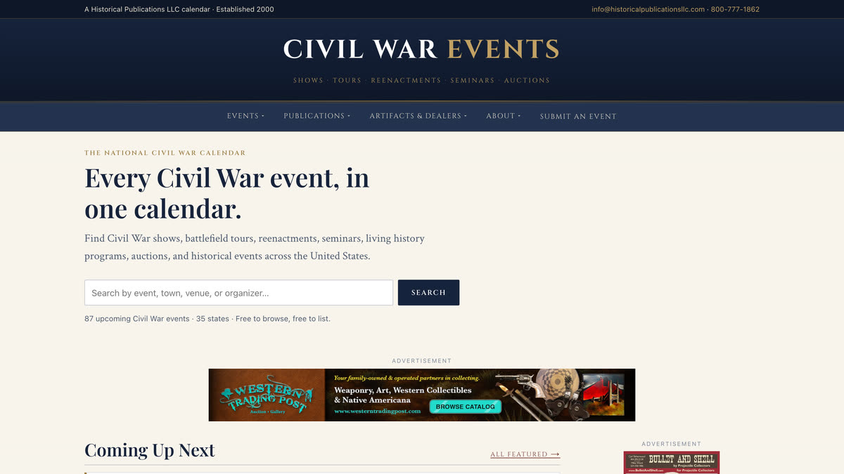 CivilWarEvents.com home page — national calendar of Civil War shows, tours, and reenactments