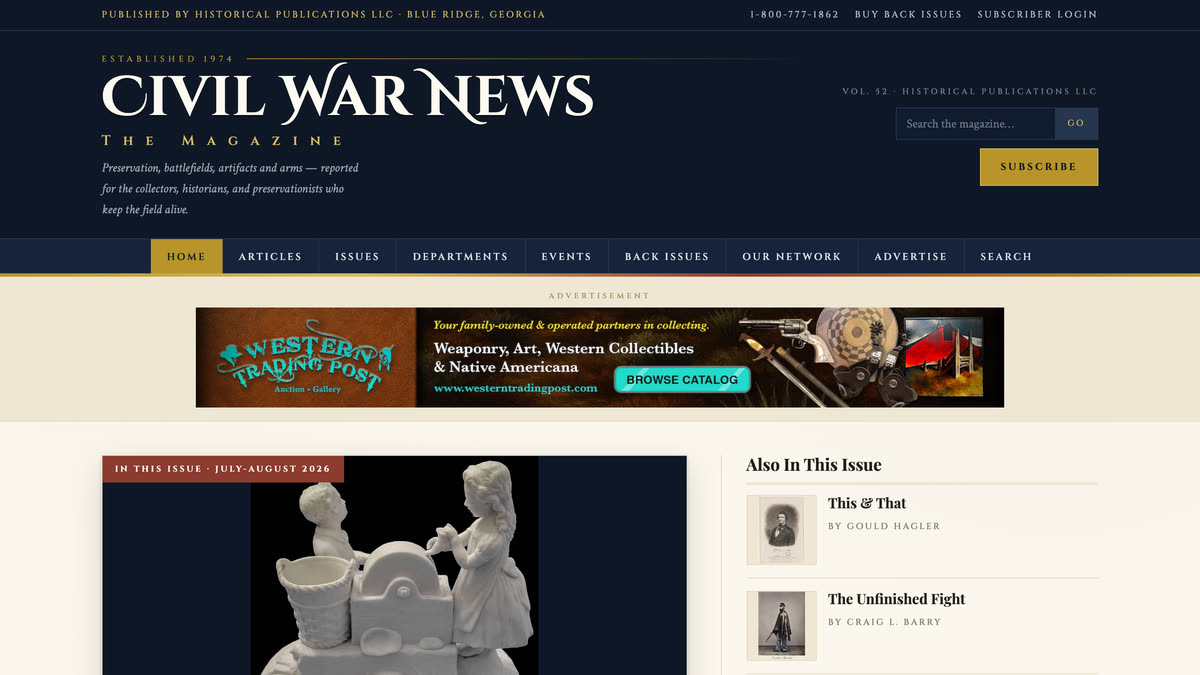CivilWarNewsMagazine.com home page — the current issue of Civil War News magazine