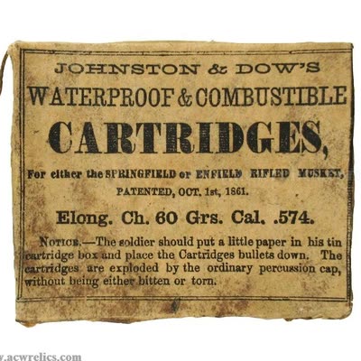 Johnston & Dow waterproof combustible cartridge packet for the .58 rifled musket