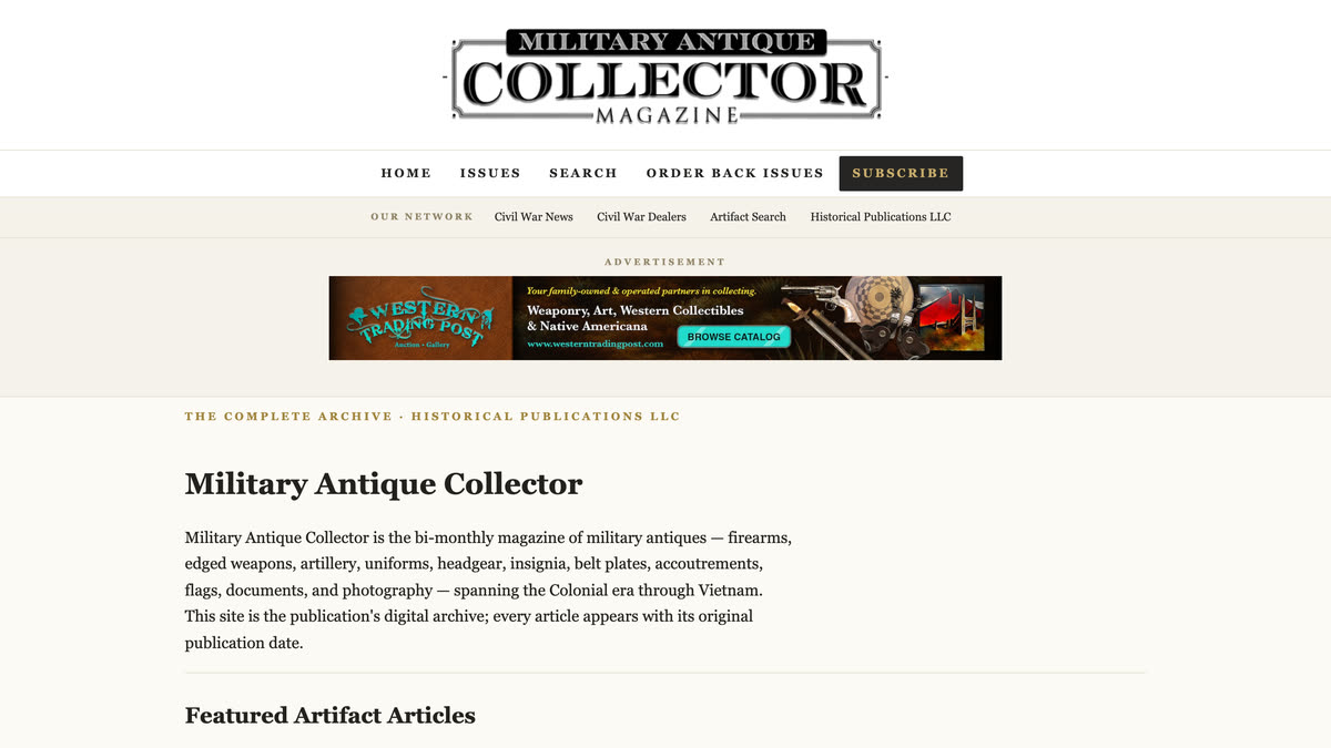 MilitaryAntiqueCollector.com home page — the Military Antique Collector magazine archive