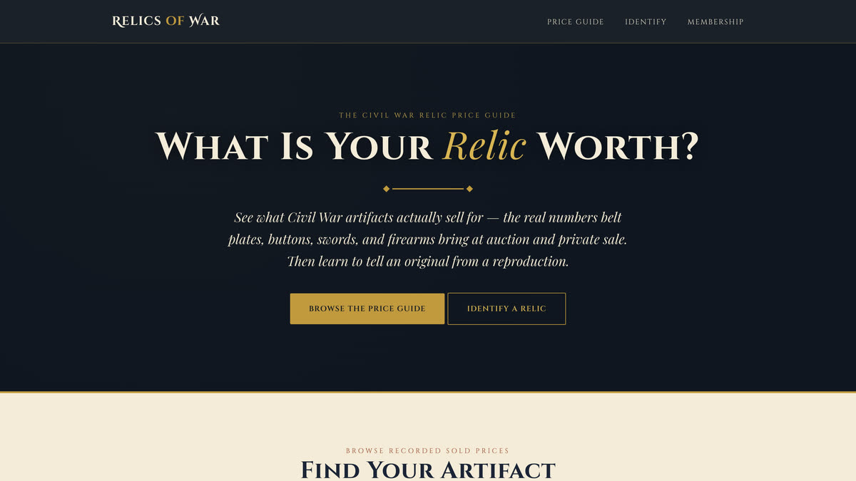 RelicsOfWar.com home page — Civil War relic price guide and identification website