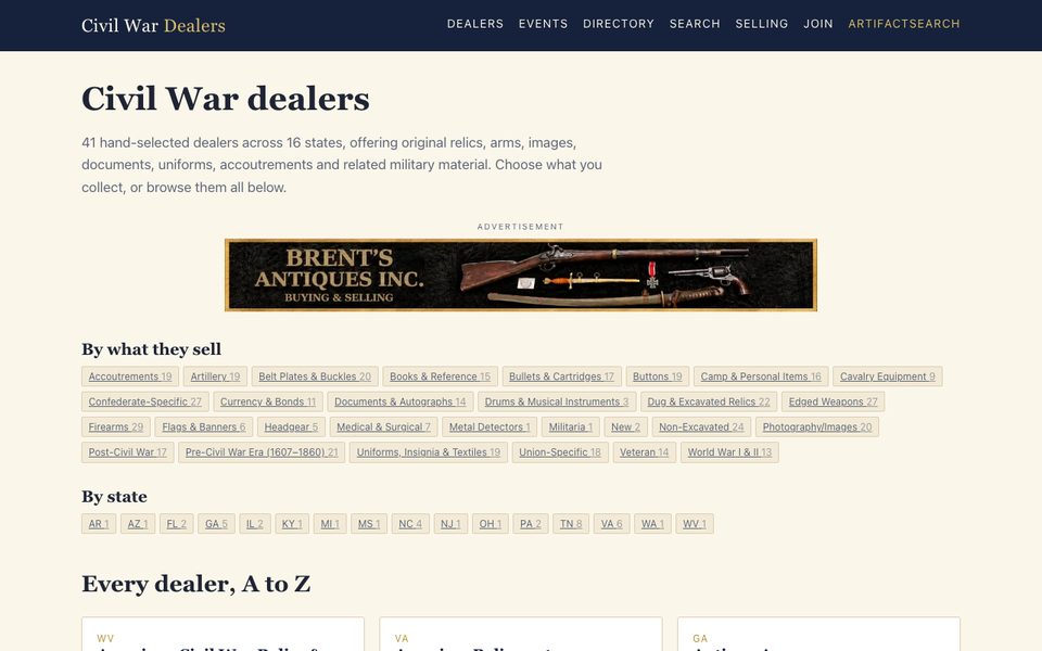 CivilWarDealers.com home page